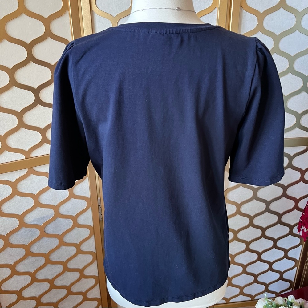 Chico’s Women’s Navy Blue Embellished Floral Dot Print Top – Size 1 (US Medium) - Picture 4 of 14